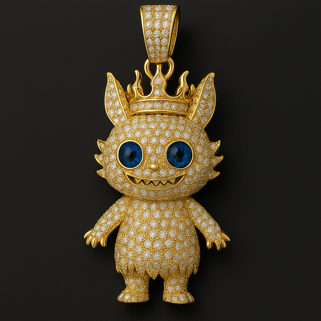 ROYAL RELICS – LABUBU Crowned Doll Pendant (18K Yellow Gold + Lab Diamonds)